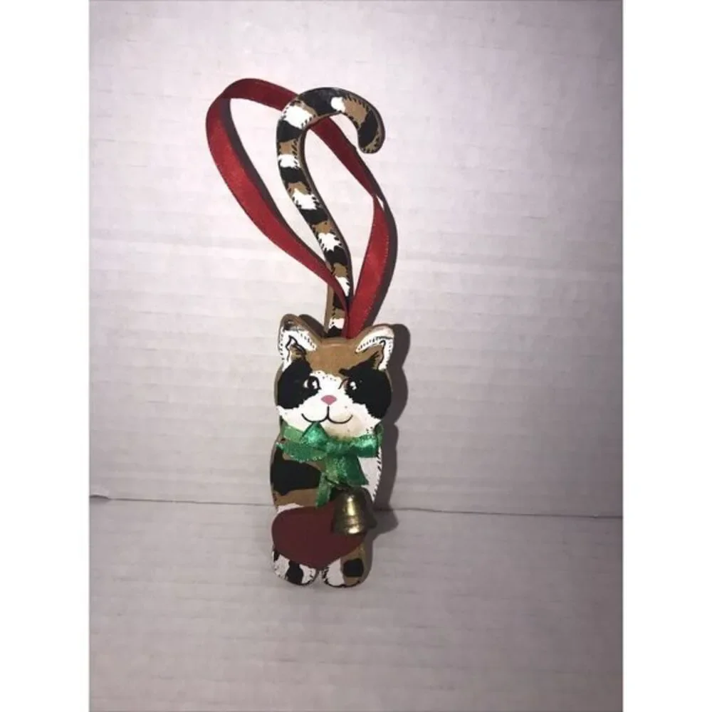 White Cat Wood Ornament Kurt Adler Wooden Kitten BellHeart Christmas Vintage1999